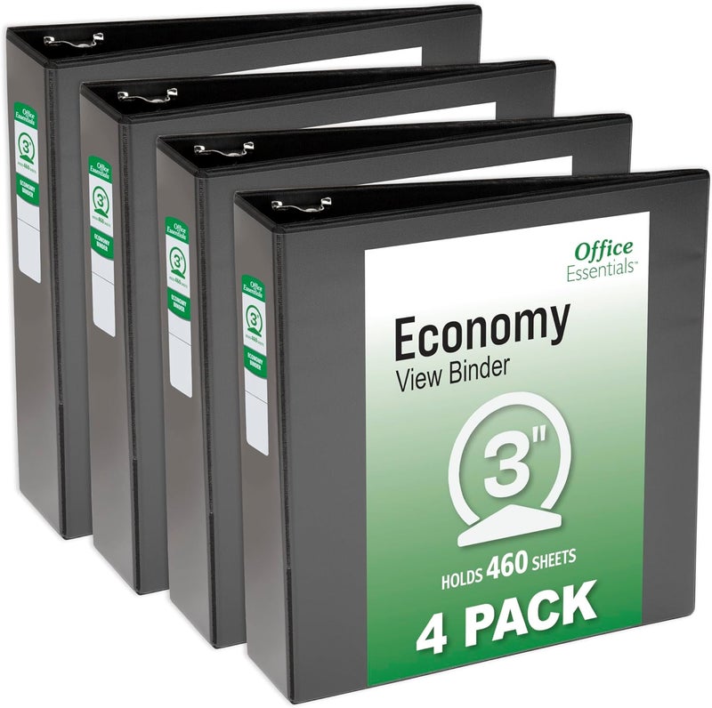 Office Essentials Economy View 3 Ring Binders, 3" Round Rings, 3.5" Spine, 460-Sheet Capacity, Black Binders, Ideal for Occasional Use and Light Referencing (4-Pack of 03149) - Image 1